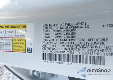 2022 Honda Accord Sport z USA, uszkodzony, nr VIN 1HGCV1F37NA103862